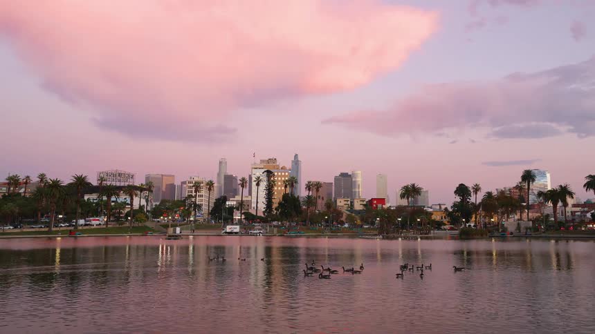 A time lapse of a lake with ducks swimming on it and a city skyline in the distance