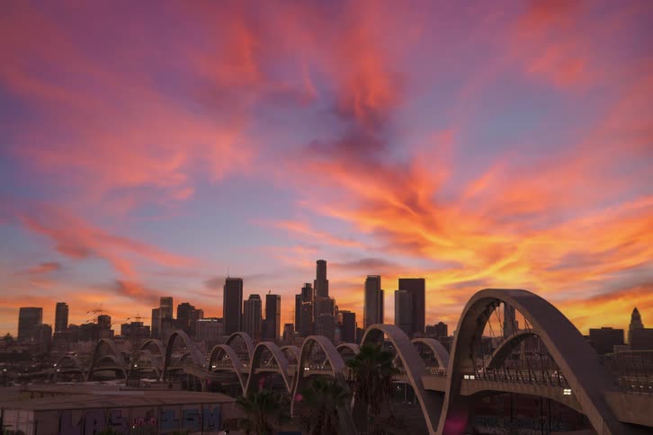 Sixth street viaduct bridge and city skyline