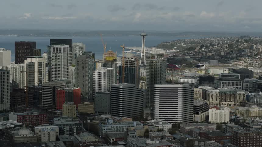 City buildings and skyscrapers stand in the distance