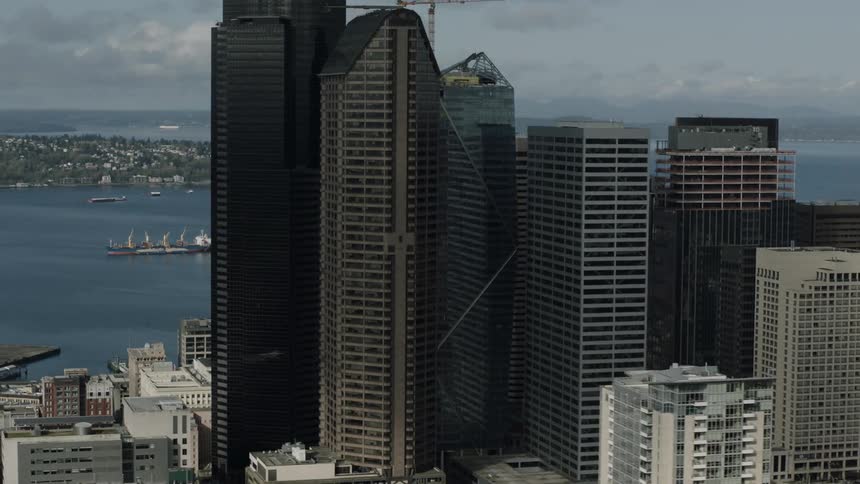 The city has many large buildings on a cloudy day