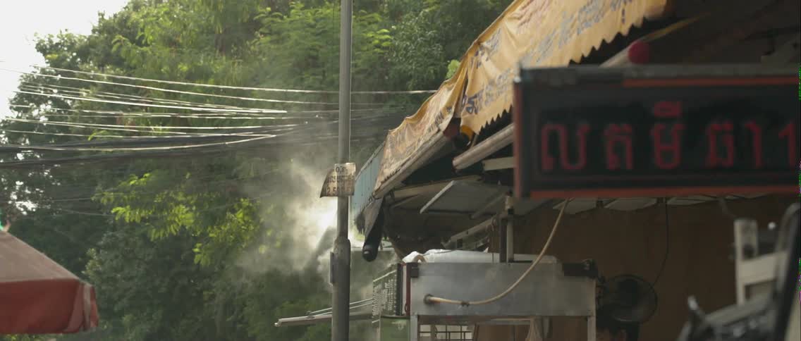 Some power lines are above these shops
