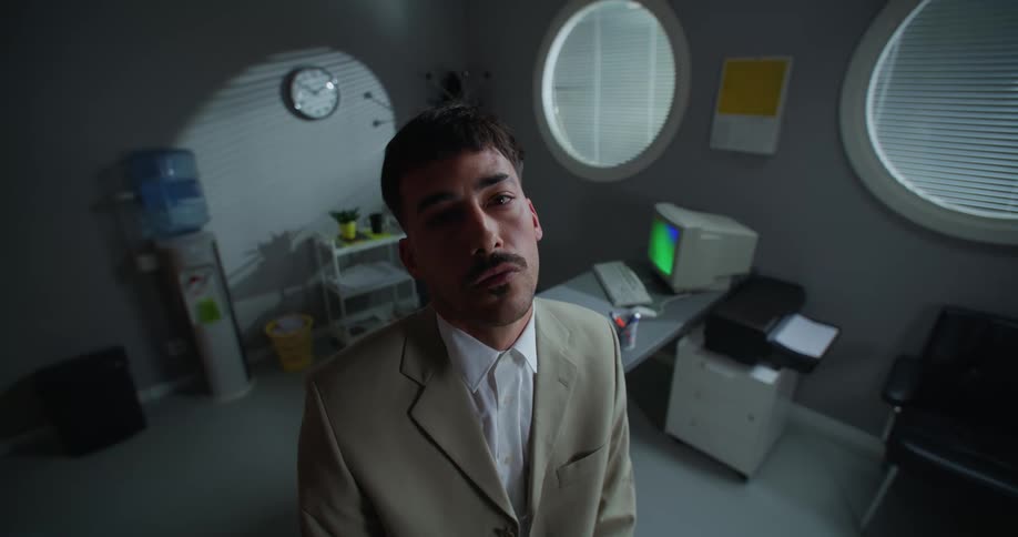 An employee is standing in his office by himself