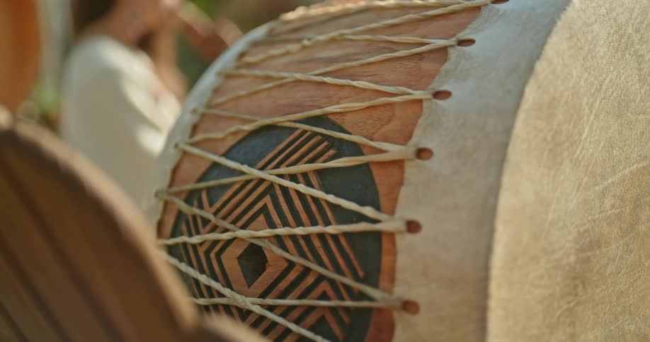 Close up view of a drum set is displayed outdoors