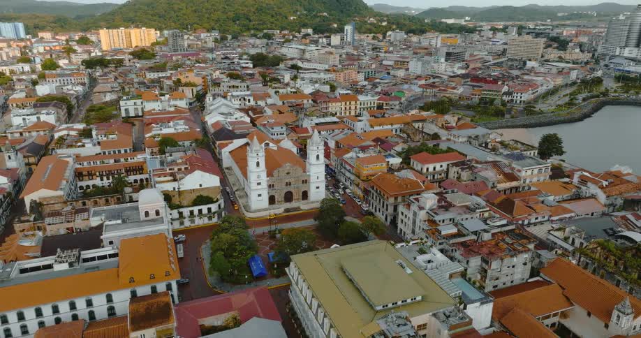 Aerial view of a downtown city during spring is displayed