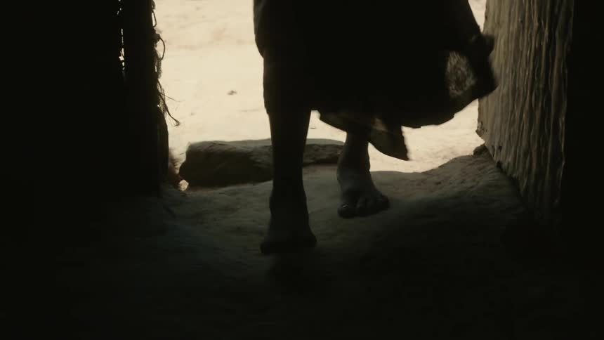 A silhouette of a kitten walking into a structure while a female in bare feet walks in too on the sandy ground