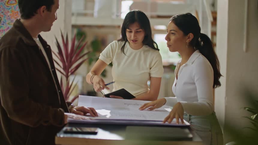Two women and a man stand around a table with large papers with plans looking over them and talking
