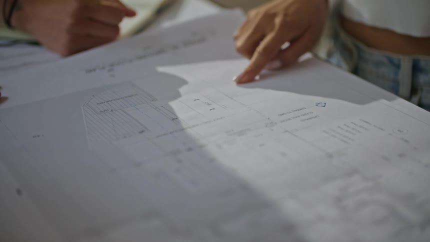 Three people discuss a building blueprint while one takes notes