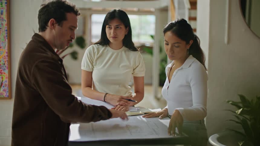 Three people are standing over a table in a room looking at plans as they talk