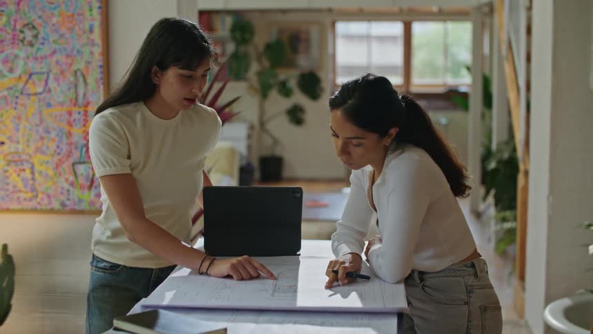 Two female coworkers stand in office discussing plans