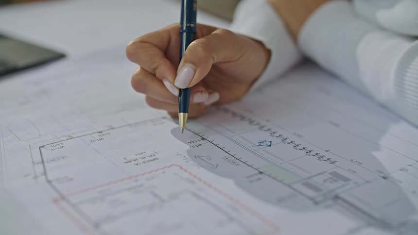 A woman is sitting at a desk writing as she works on blueprints and plans