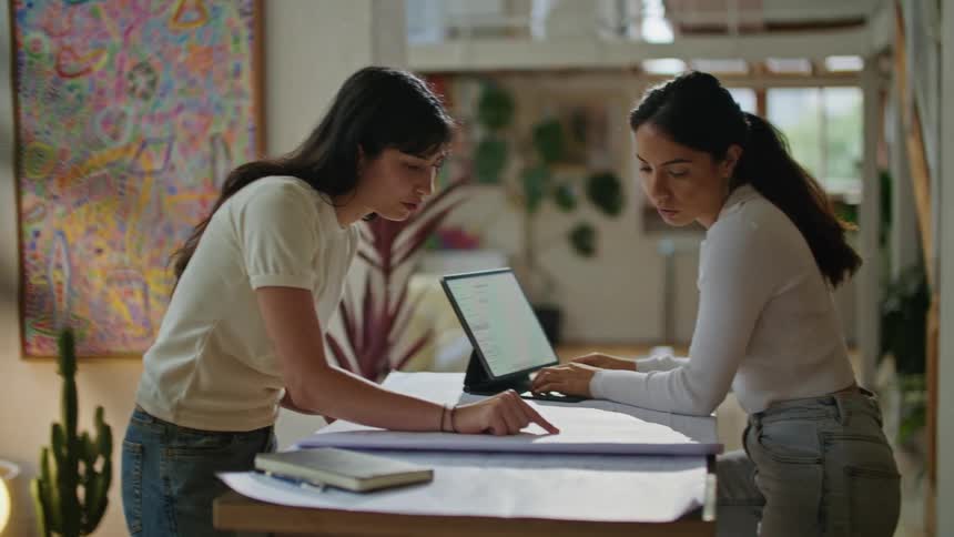 Woman with white shirt and jeans types on tablet keyboard while woman reading plans