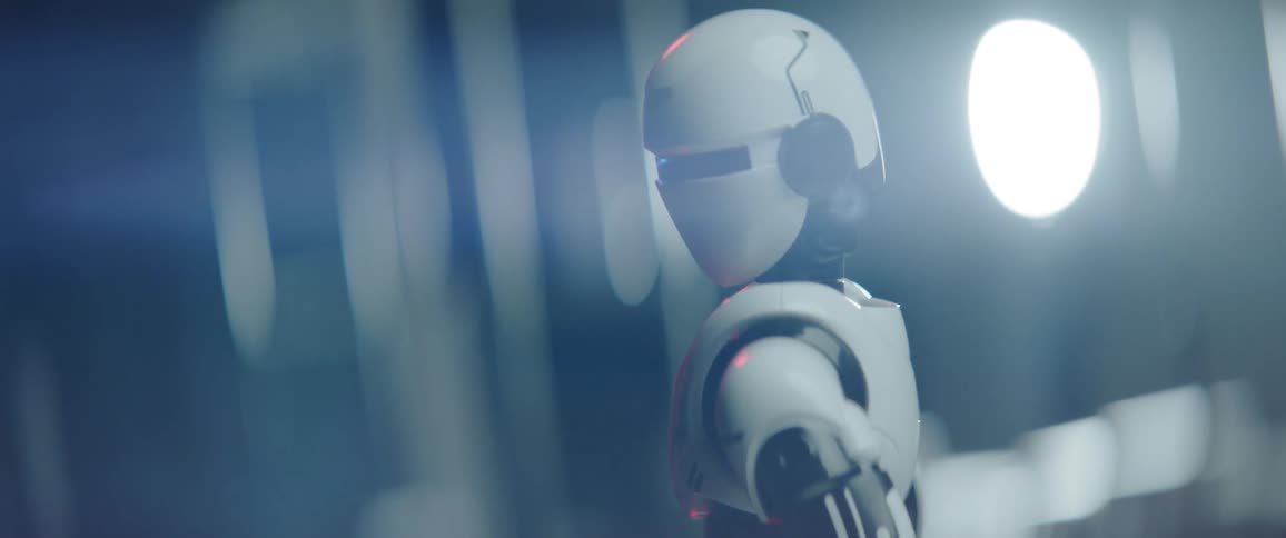 A robot turning around with lights flashing on its head