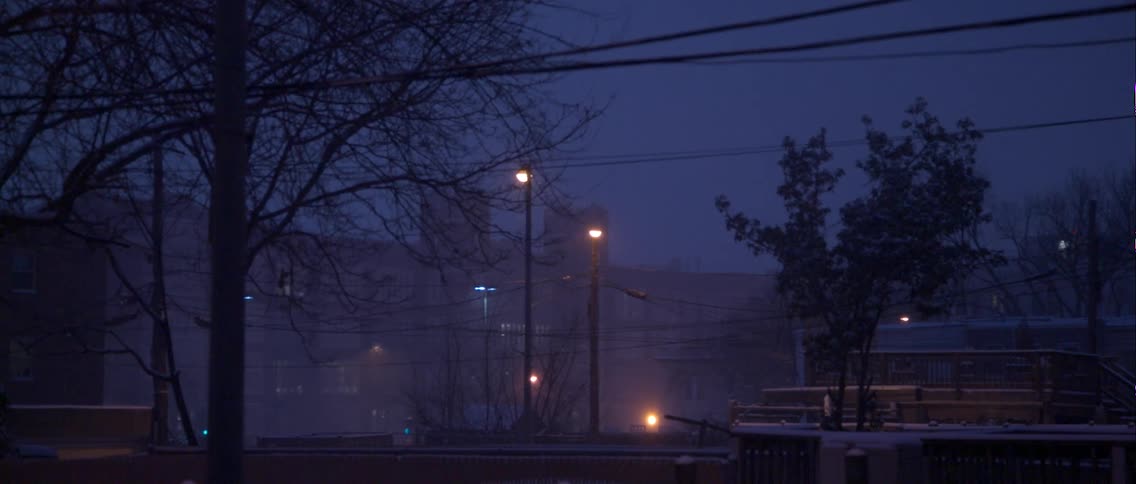 A view of a building with trees and rain falling at dusk