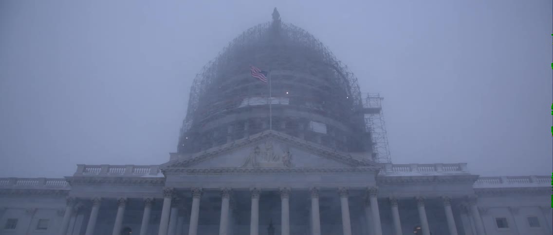 The flag is blowing in a snowstorm