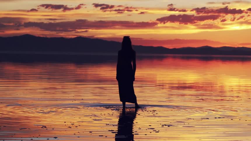 A woman wades in a lake at sunset