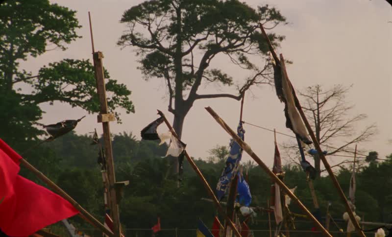 Pieces of cloth hang from sticks and flap around in the winds that are blowing