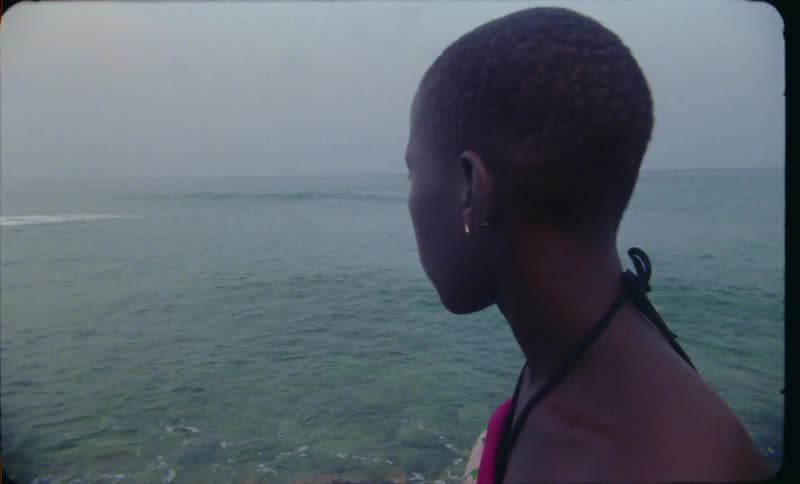 The view is of a young woman that is looking at the ocean