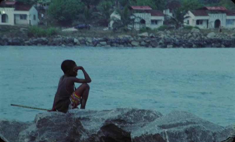 A black child sits on a large rock in front of a lake with houses behind it