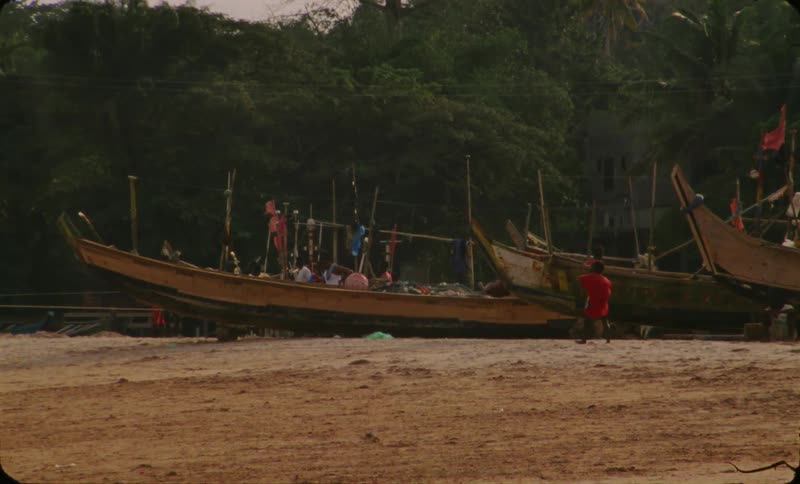 People move about long boats sitting on sandy coast near woods