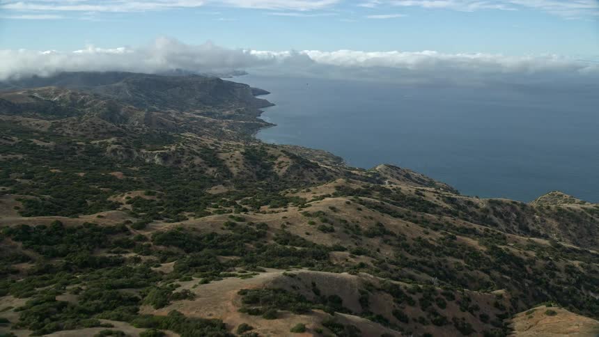 A breathtaking aerial view of the hills and coast of Santa Catalina Island California shot in spring or summer as the camera flies towards the shore
