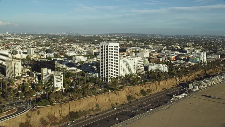 Aerial view of office buildings near Pacific Coast Highway in Santa Monica California during summer