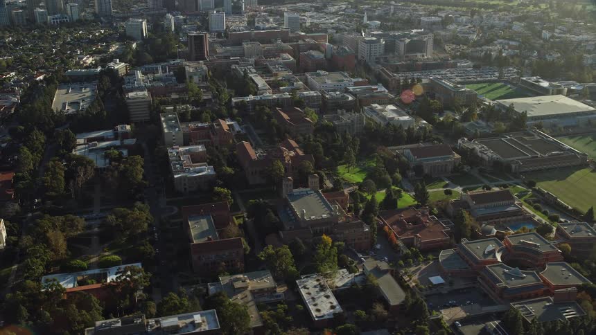 An epic aerial shot of College campus buildings in Los Angeles California during daytime
