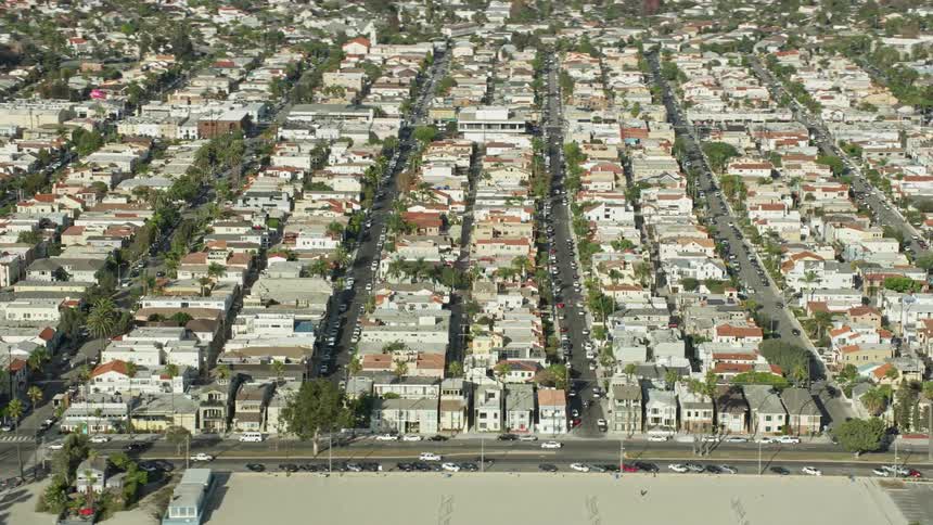 An aerial view of Belmont Shore neighborhoods by the beach in Long Beach California during a sunny day in summer