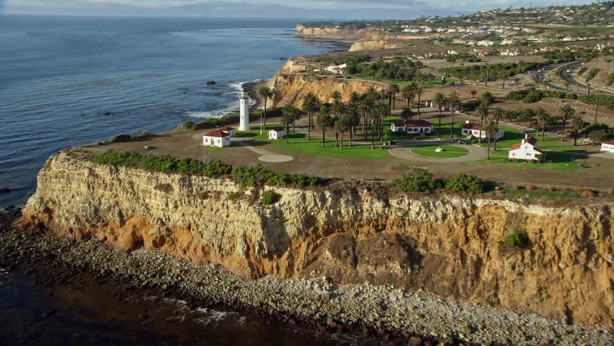 Ascending view of Point Vicente Lighthouse on a sunny day with Californias coast and shoreline in 