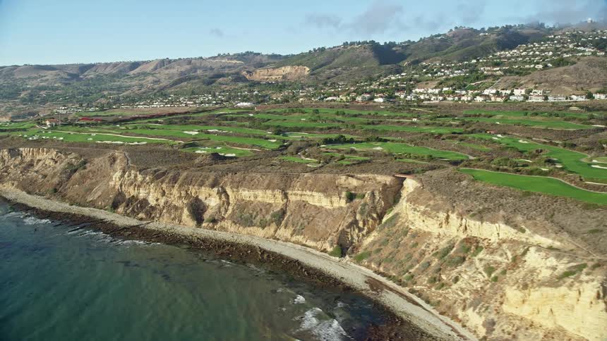 Aerial footage of Trump National Golf Club on the coastal cliffs of Rancho Palos Verdes California with stunning seaside views