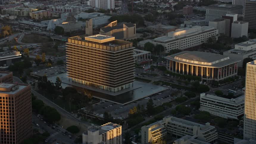 Approaching the LADWP office building at twilight in Downtown Los Angeles California