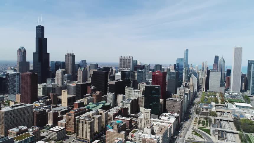 Aerial view of high rise buildings and skyscrapers in large city