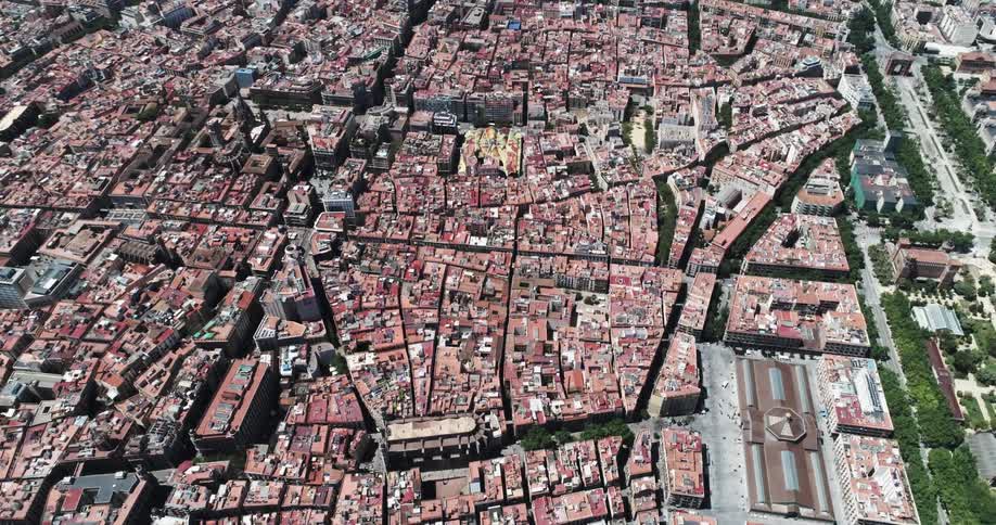 Aerial view of suburban and city blocks streets and some parks