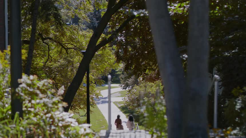 Man and woman walk along sidewalk through park