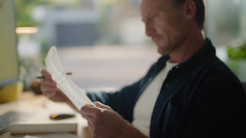 A man sitting at a desk reads a sheet of paper while typing with one hand