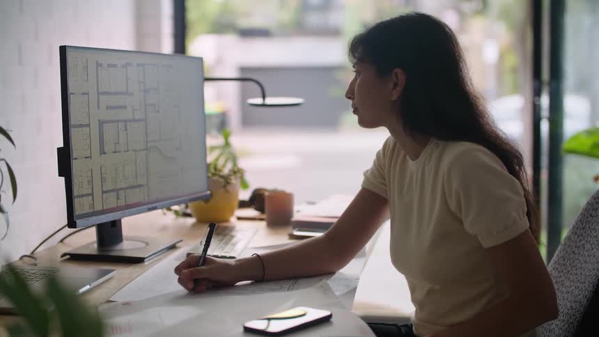A woman sitting at her desk writing on paper while looking at the computer screen in front of her