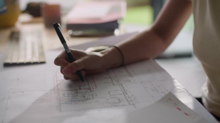 A woman sketches a blueprint while sitting at her desk at home
