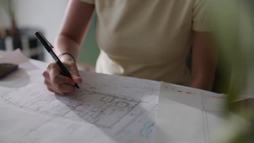 A woman draws on a blueprint