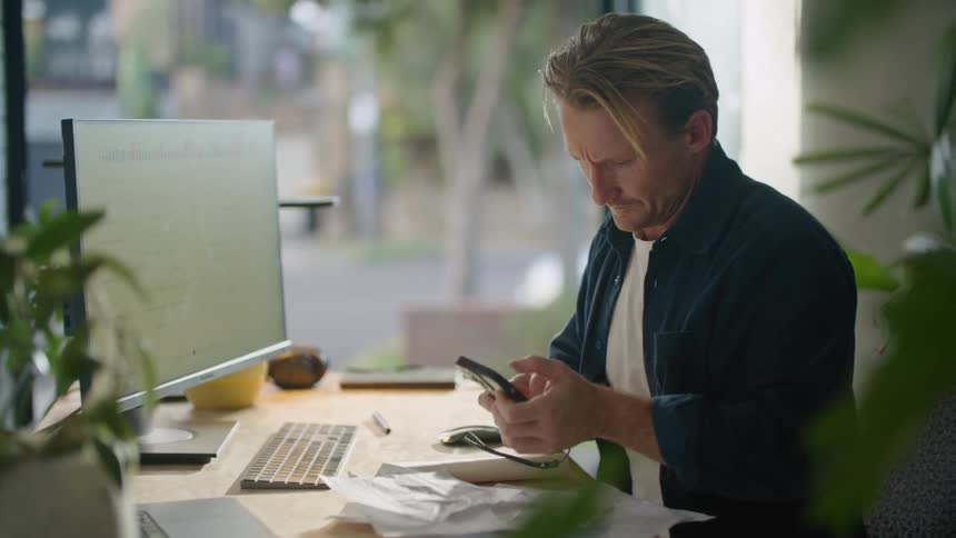 A man is texting and sitting in his office