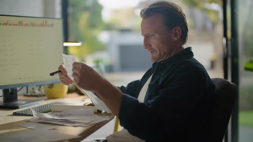 Depressed businessman in black shirt sits at desk working on paperwork at the office
