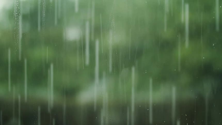 Rain coming down as seen from a window indoors with outoffocus background of trees and passing car
