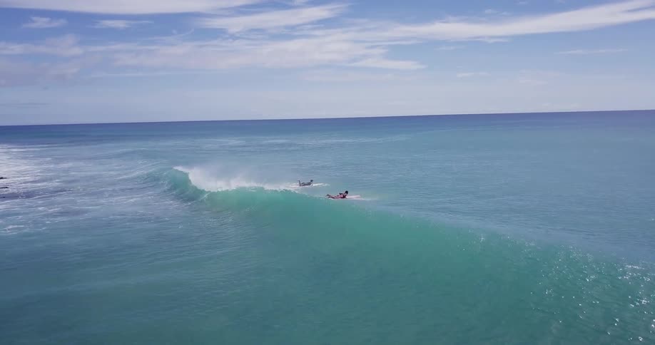 Two people are lying on their surfboards as they go over a big wave
