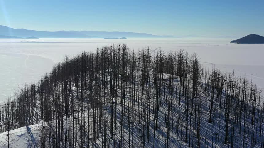 Aerial view winter moving over wooded area toward snow covered plain or maybe ice with mountains in the background