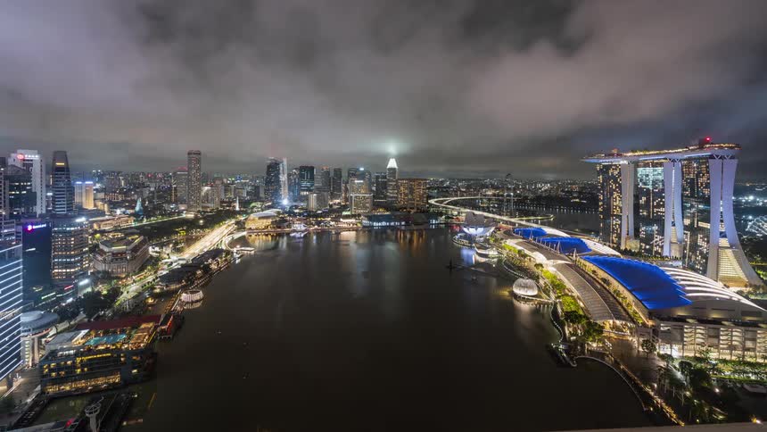 An ultra wide view of Singapore skyline at night