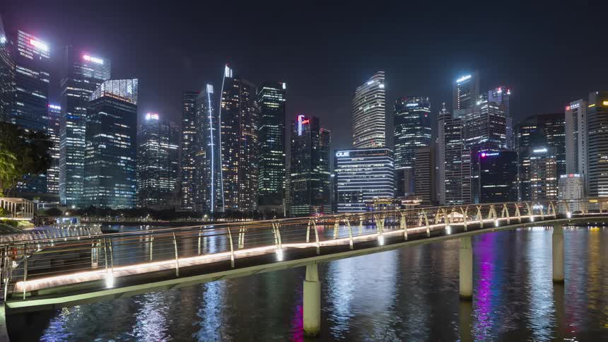 A pedestrian bridge against a modern skyline backdrop in Singapore