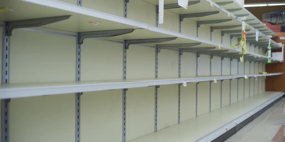 Empty shelves in a grocery store