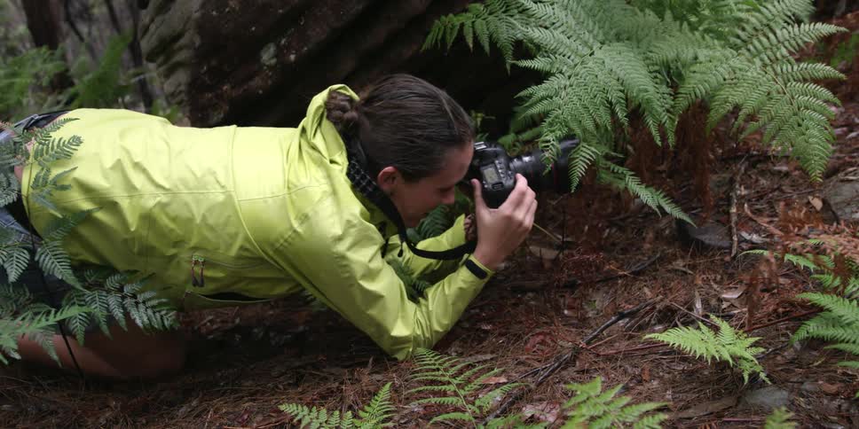 A woman kneels to take a photograph