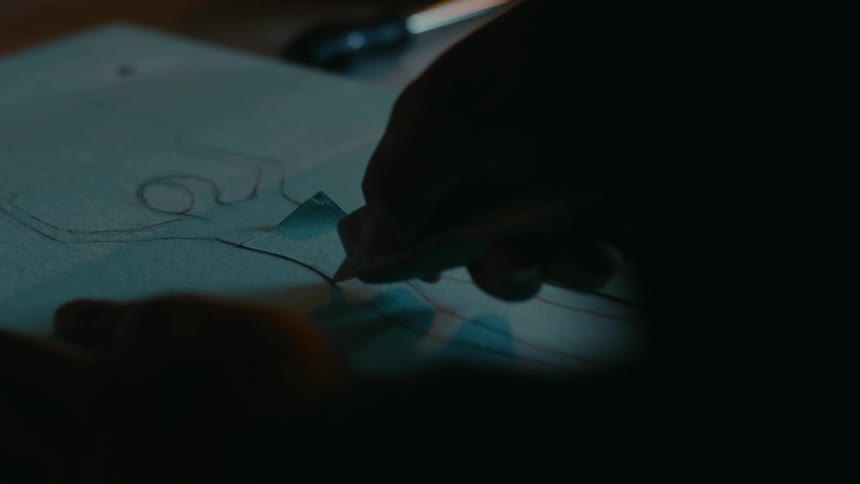 A close up of a person using a box cutter to cut out a drawing on paper