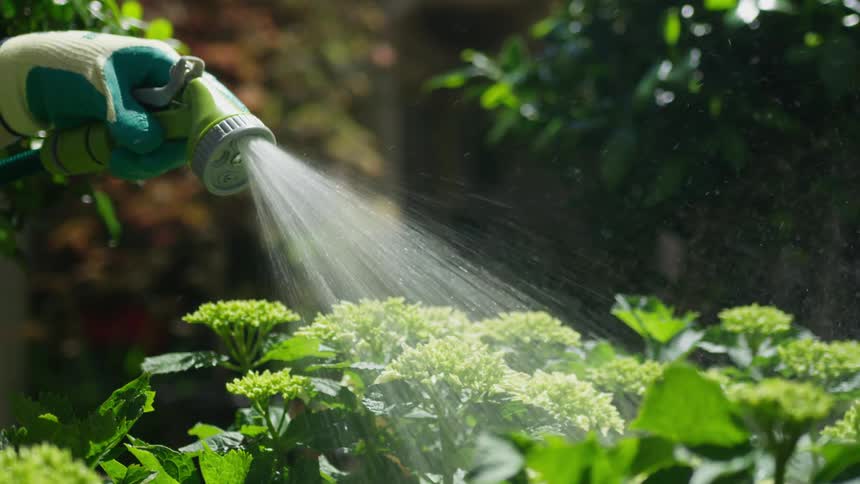A person using a hose sprayer to water plants in their garden