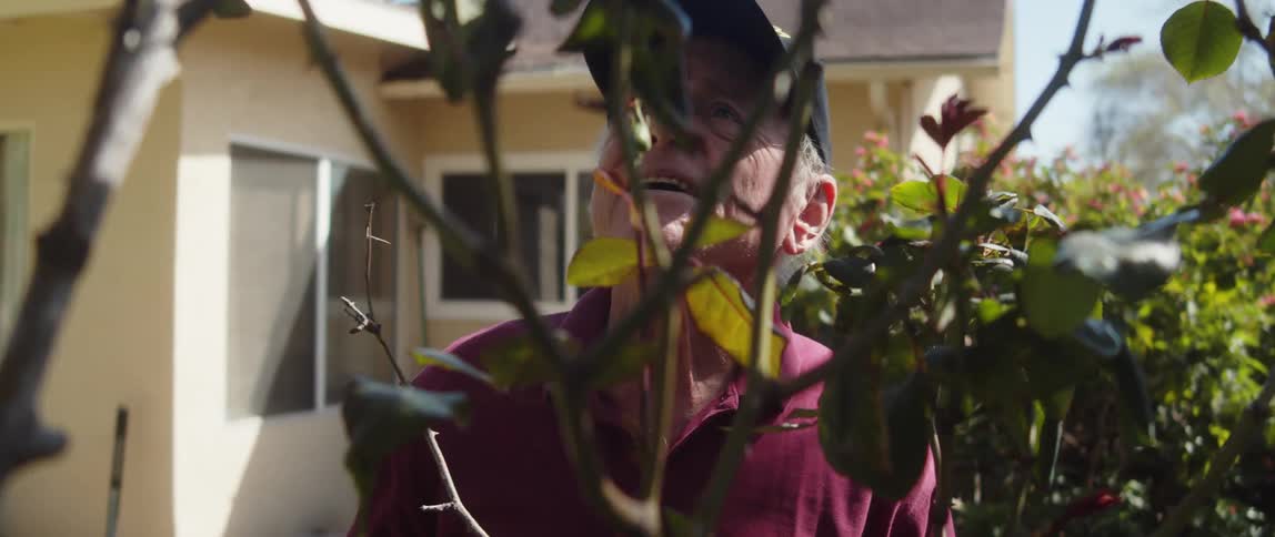 An older man looking at a plant and smiling