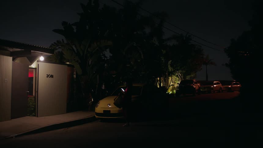 A woman exits a vehicle and walks up to a door at night